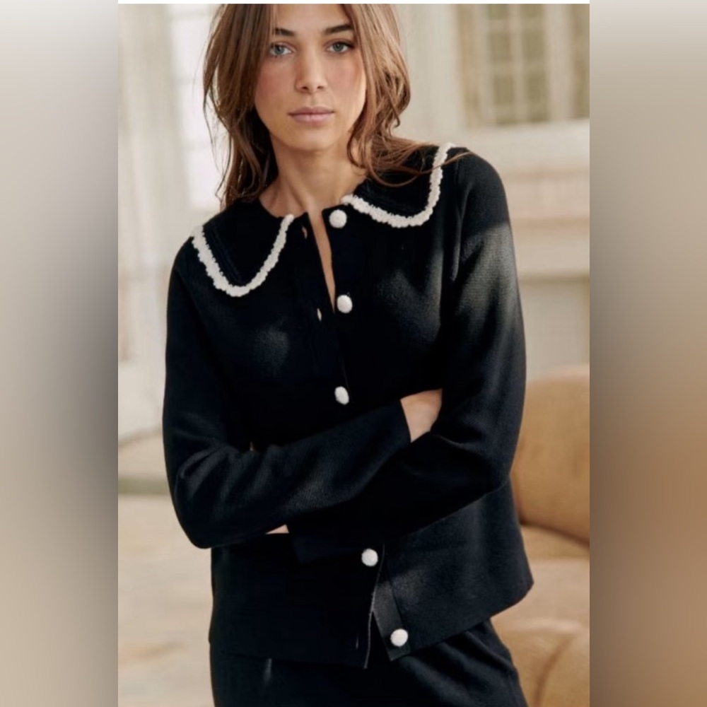 Sezane Black Sweater with White Trim